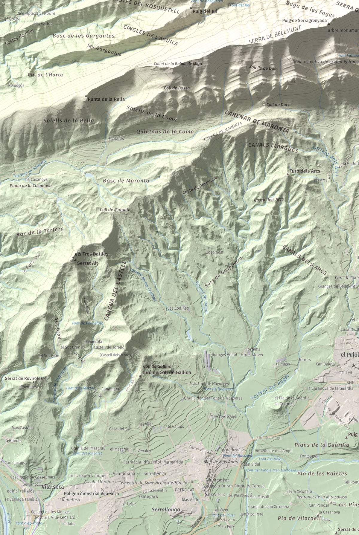 Mapa de relieve de Bellmunt, 1248 m, Osona, lámina 100 Cims de Trobart. Detalle de la zona inferior izquierda. 61 × 91 cm.