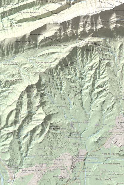 Mapa de relieve de Bellmunt, 1248 m, Osona, lámina 100 Cims de Trobart. Detalle de la zona inferior izquierda. 61 × 91 cm.