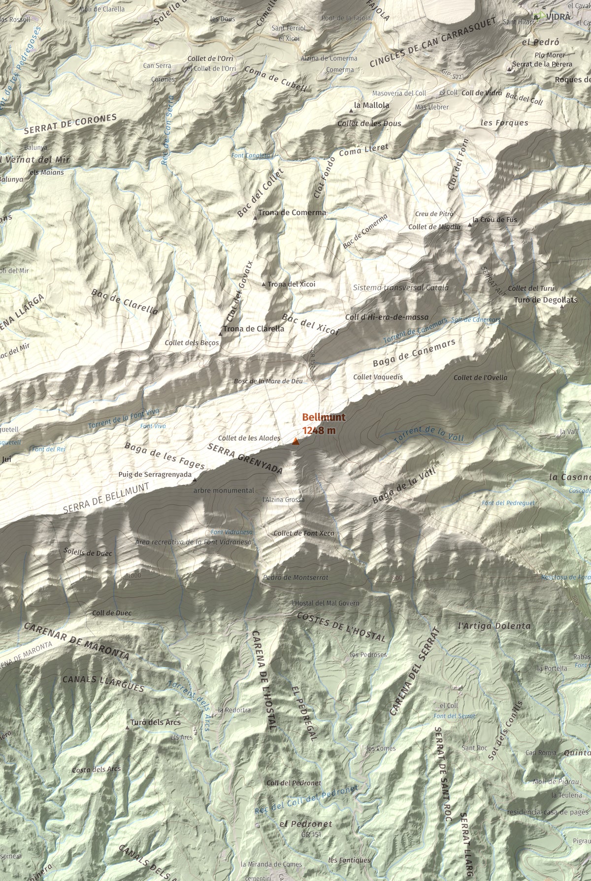 Mapa de relieve de Bellmunt, 1248 m, Osona, lámina 100 Cims de Trobart. Detalle de la zona central. 61 × 91 cm.
