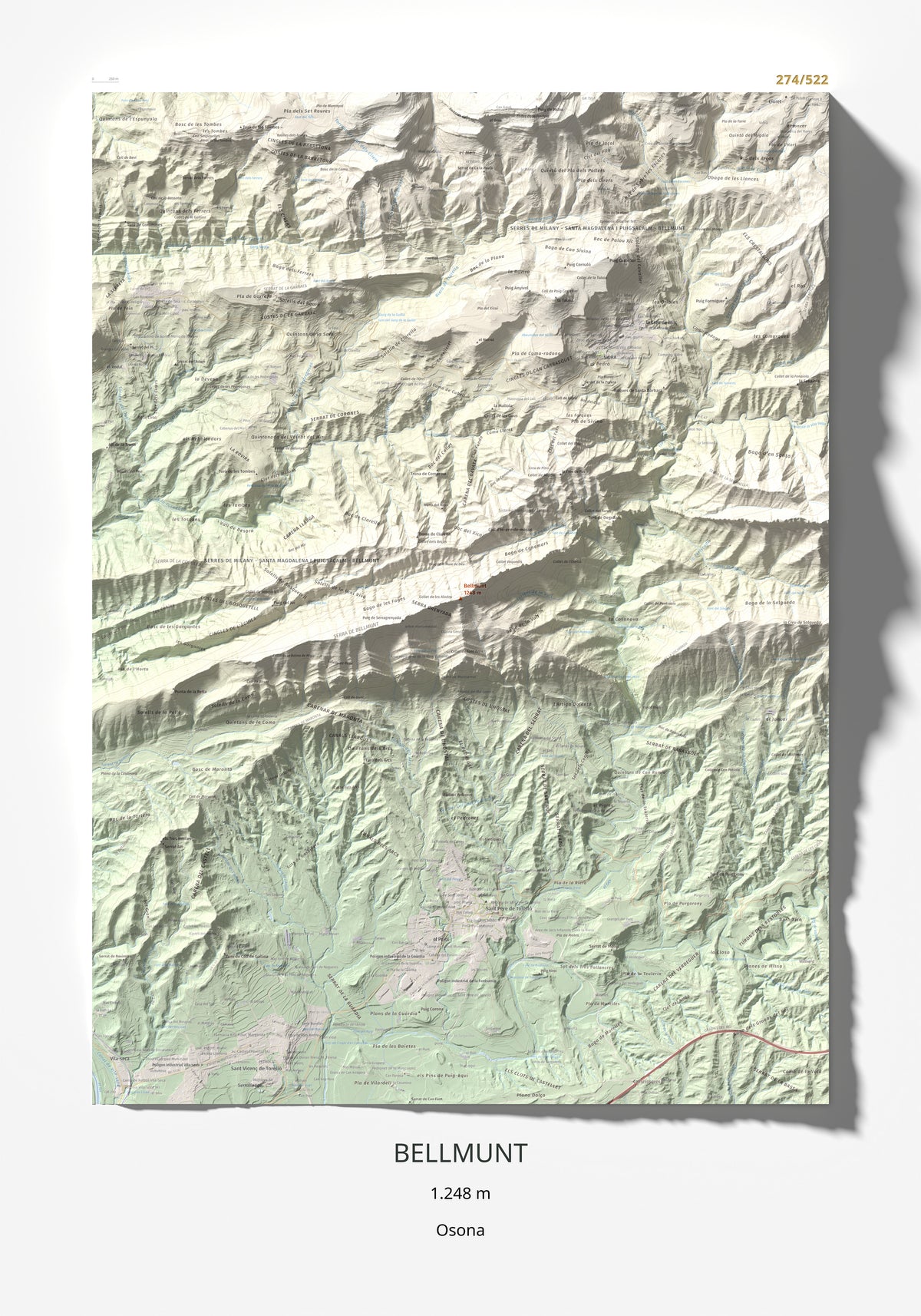 Mapa de relieve de Bellmunt, 1248 m, Osona, lámina 100 Cims de Trobart 70 × 100 cm.