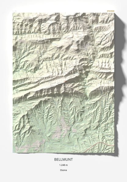 Mapa de relieve de Bellmunt, 1248 m, Osona, lámina 100 Cims de Trobart 70 × 100 cm.