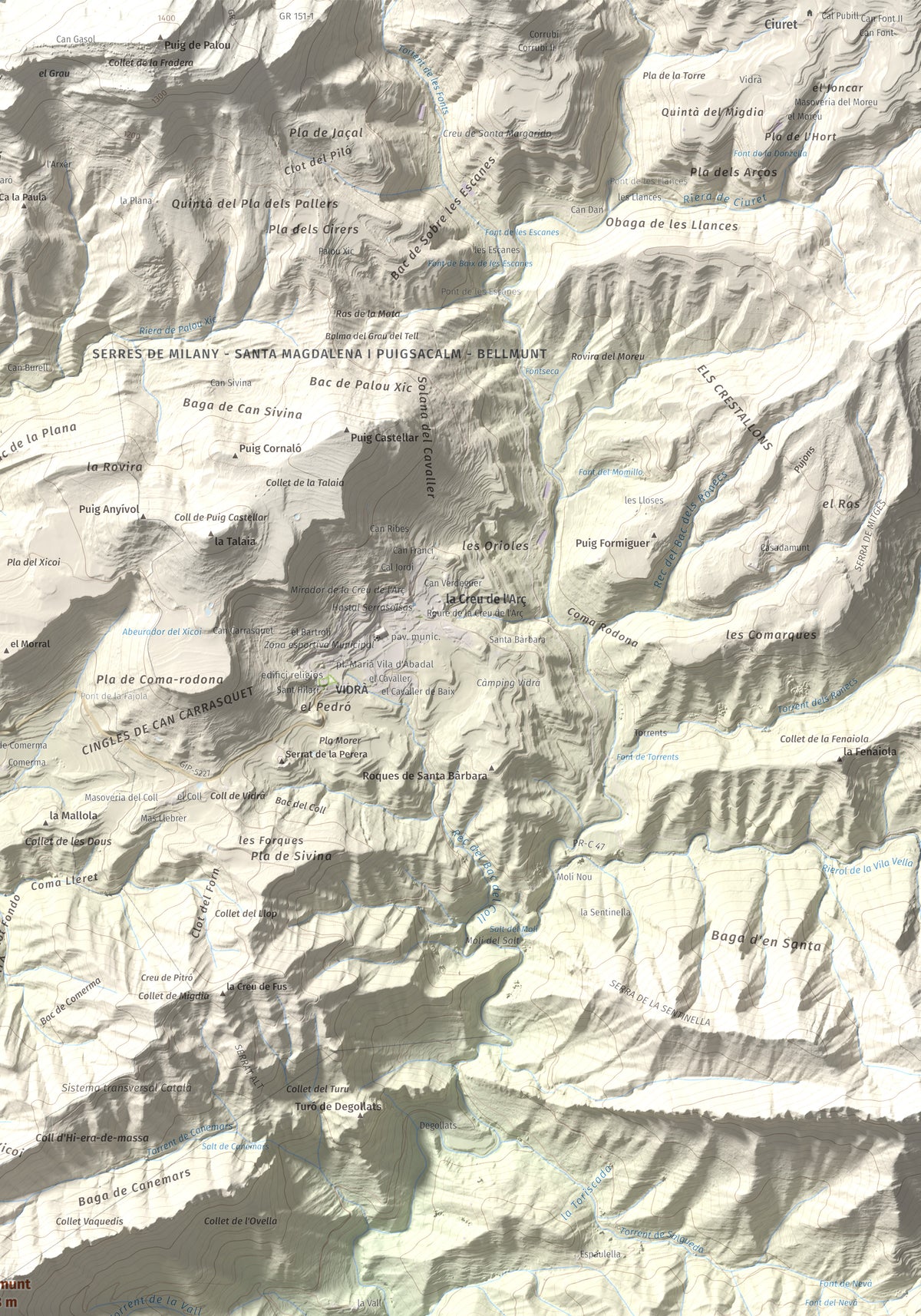 Mapa de relieve de Bellmunt, 1248 m, Osona, lámina 100 Cims de Trobart. Detalle de la zona superior derecha. 70 × 100 cm.