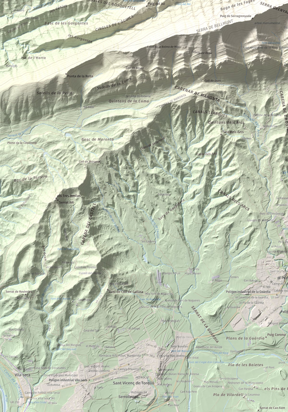 Mapa de relieve de Bellmunt, 1248 m, Osona, lámina 100 Cims de Trobart. Detalle de la zona inferior izquierda. 70 × 100 cm.