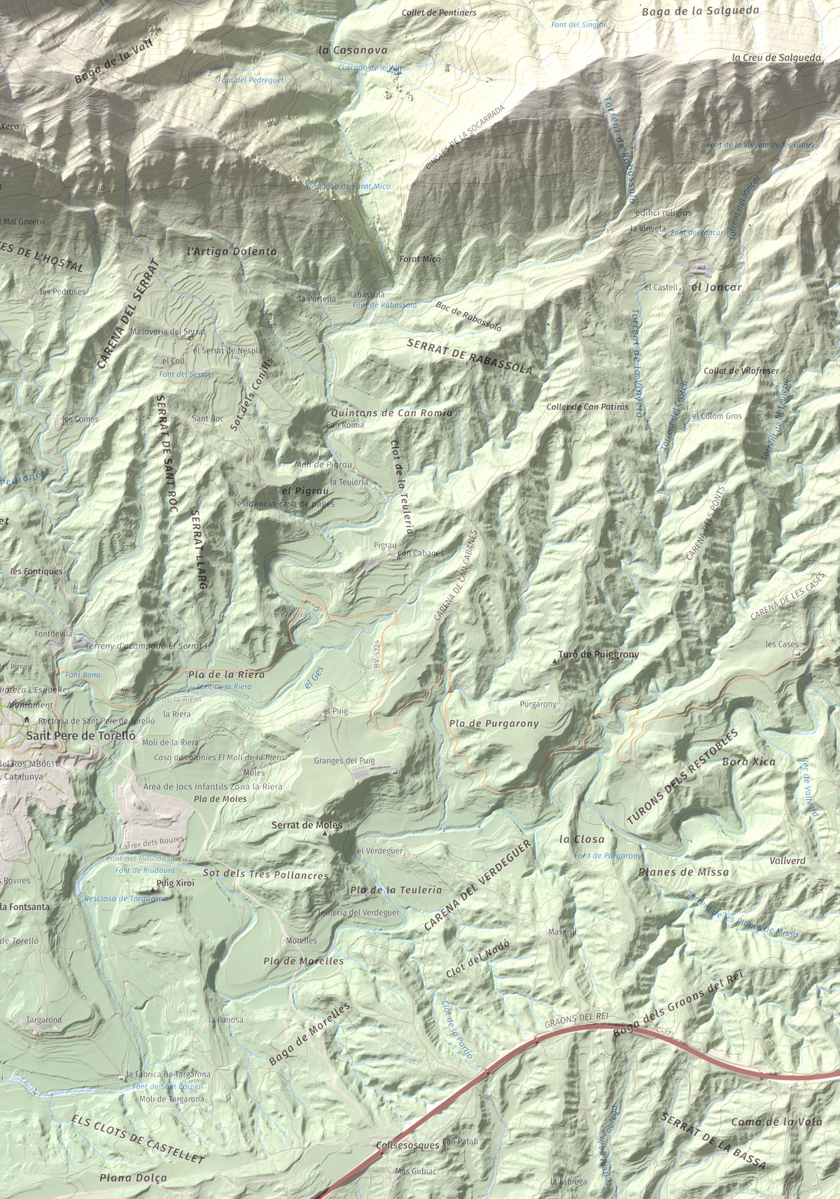 Mapa de relieve de Bellmunt, 1248 m, Osona, lámina 100 Cims de Trobart. Detalle de la zona inferior derecha. 70 × 100 cm.