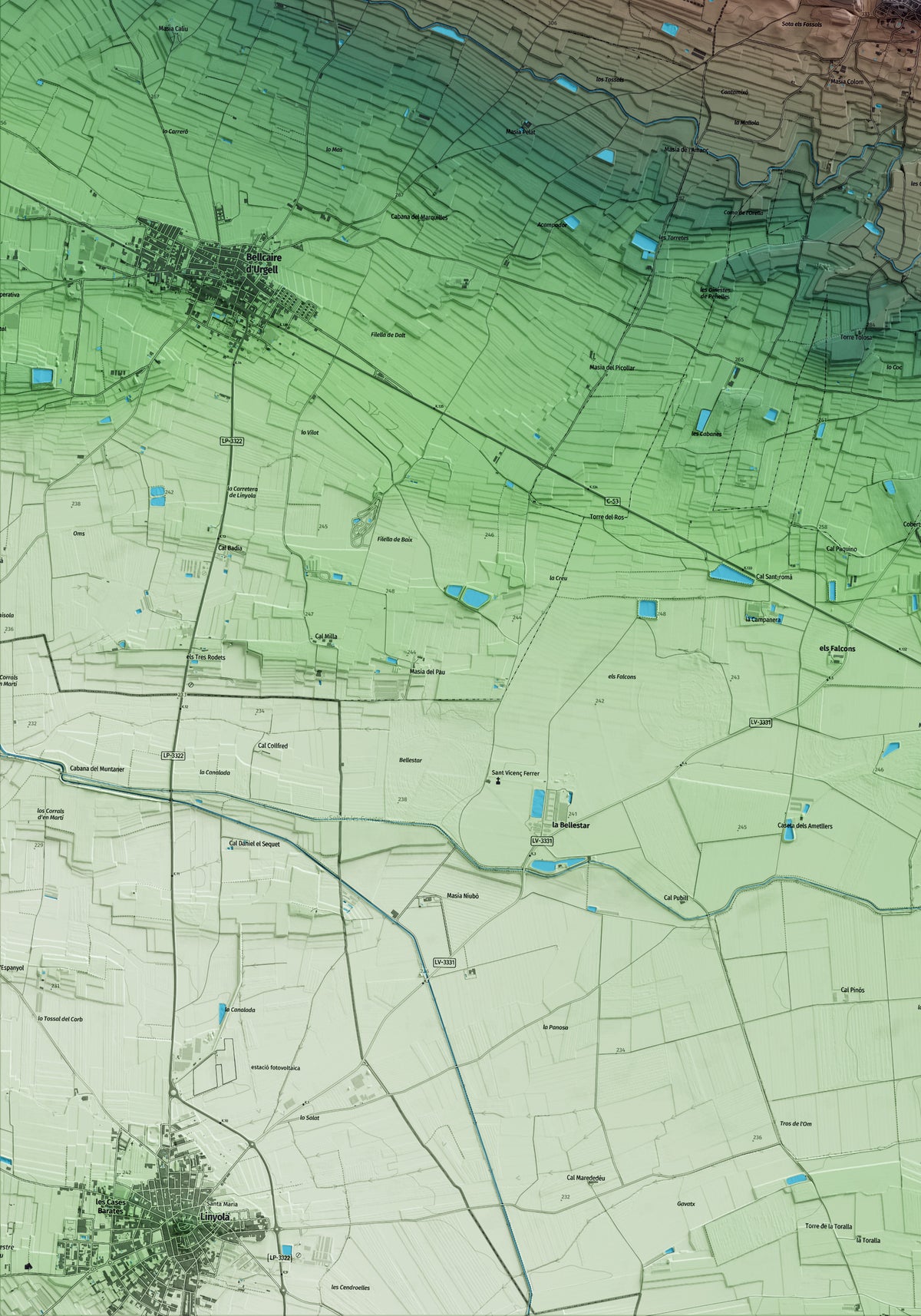 Mapa artístico del relieve de Bellmunt d'Urgell, a la Noguera, con 15 km de entorno y base topográfica ICGC. Detalle de la zona inferior izquierda.