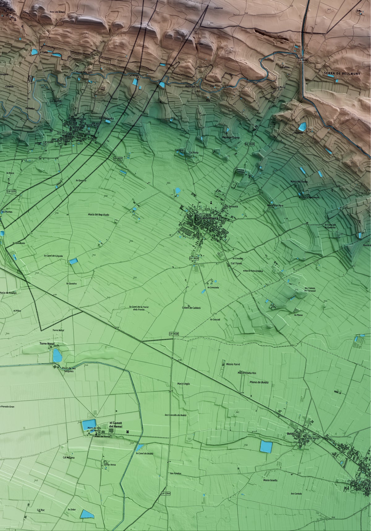Mapa artístico del relieve de Bellmunt d'Urgell, a la Noguera, con 15 km de entorno y base topográfica ICGC. Detalle de la zona inferior derecha.