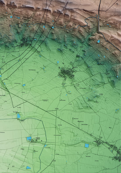 Mapa artístico del relieve de Bellmunt d'Urgell, a la Noguera, con 15 km de entorno y base topográfica ICGC. Detalle de la zona inferior derecha.