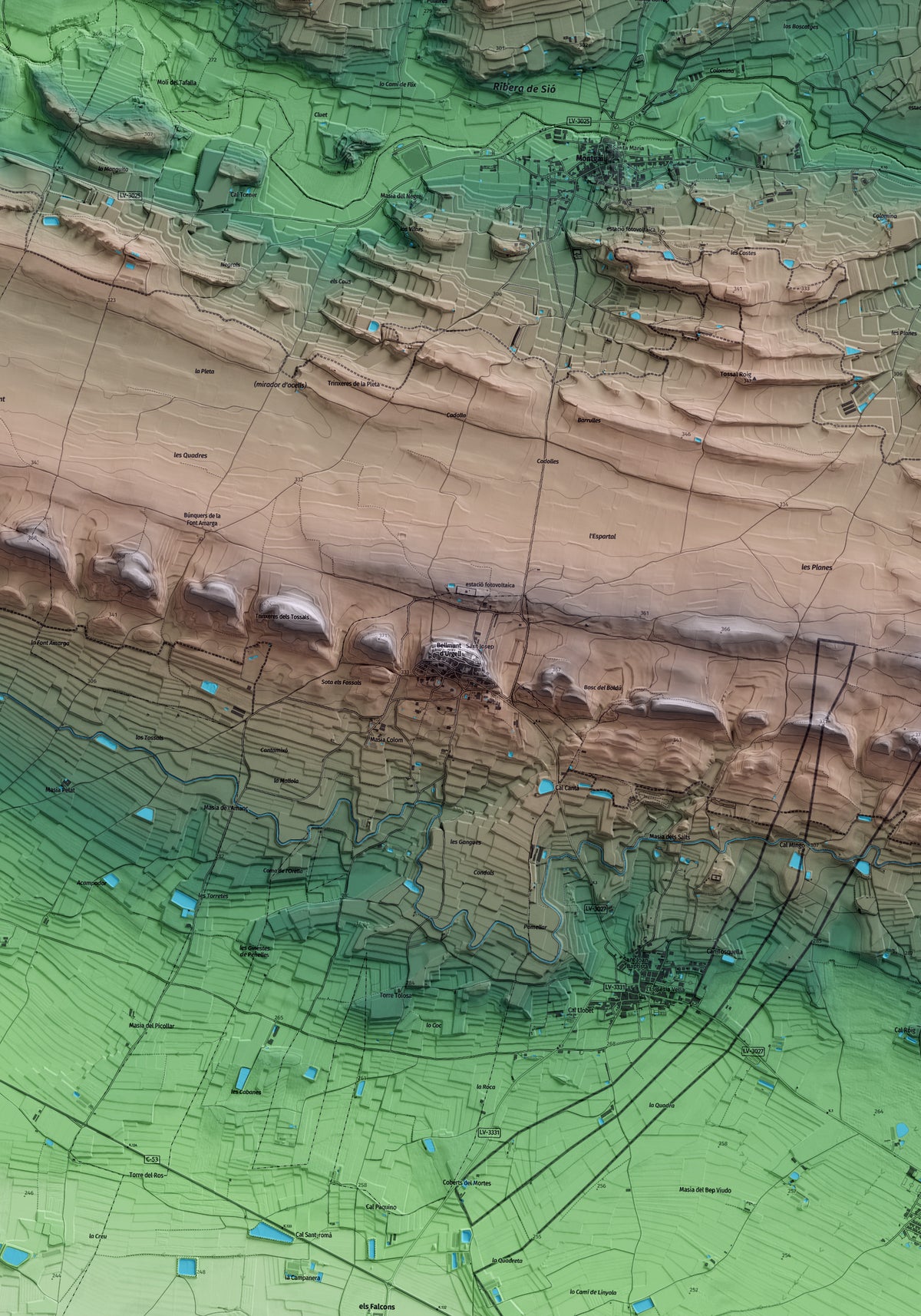 Mapa artístico del relieve de Bellmunt d'Urgell, a la Noguera, con 15 km de entorno y base topográfica ICGC. Detalle de la zona central.