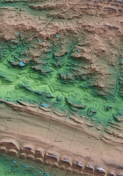 Mapa artístico del relieve de Bellmunt d'Urgell, a la Noguera, con 15 km de entorno y base topográfica ICGC. Detalle de la zona superior izquierda.