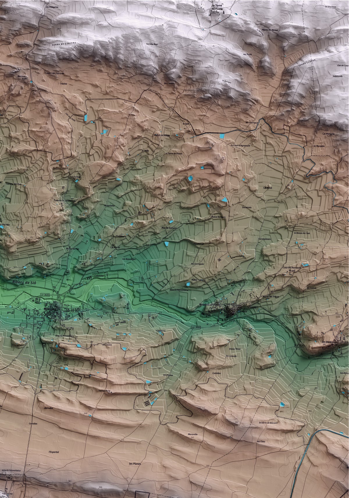 Mapa artístico del relieve de Bellmunt d'Urgell, a la Noguera, con 15 km de entorno y base topográfica ICGC. Detalle de la zona superior derecha.