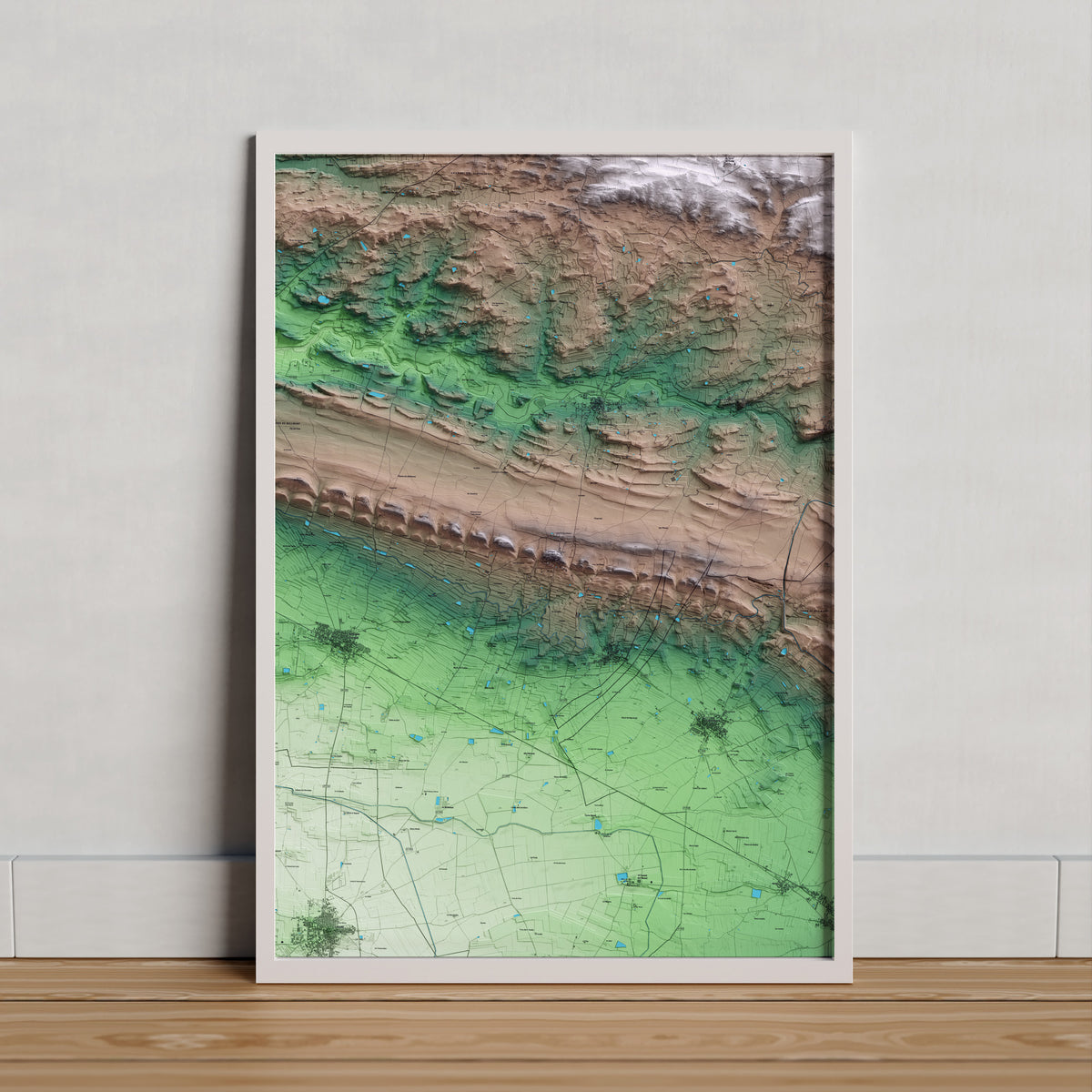 Mapa artístico del relieve de Bellmunt d'Urgell, a la Noguera, con 15 km de entorno y base topográfica ICGC. Presentación enmarcada.