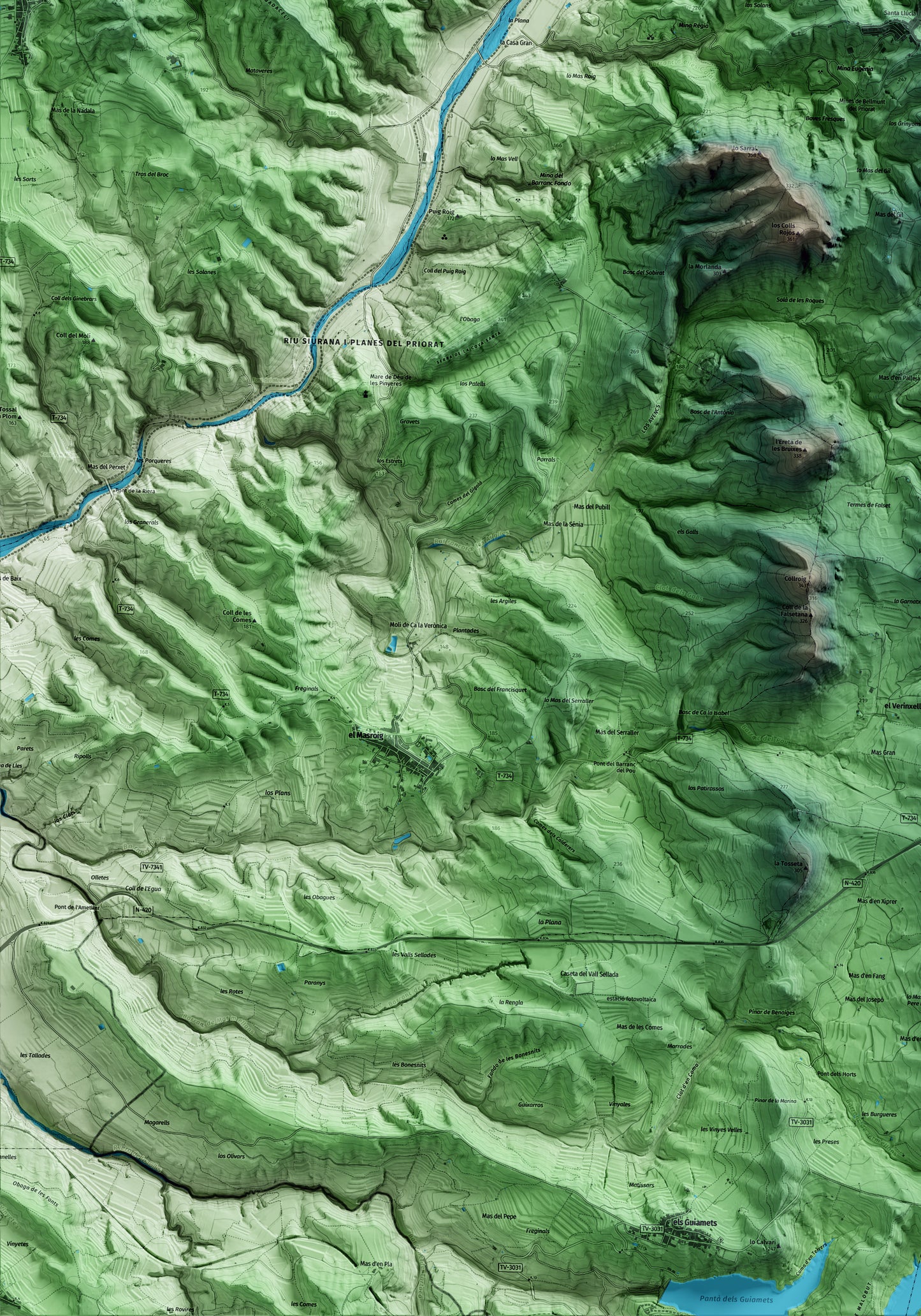 Mapa artístico del relieve de Bellmunt del Priorat, al Priorat, con 15 km de entorno y base topográfica ICGC. Detalle de la zona inferior izquierda.