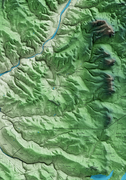 Mapa artístico del relieve de Bellmunt del Priorat, al Priorat, con 15 km de entorno y base topográfica ICGC. Detalle de la zona inferior izquierda.