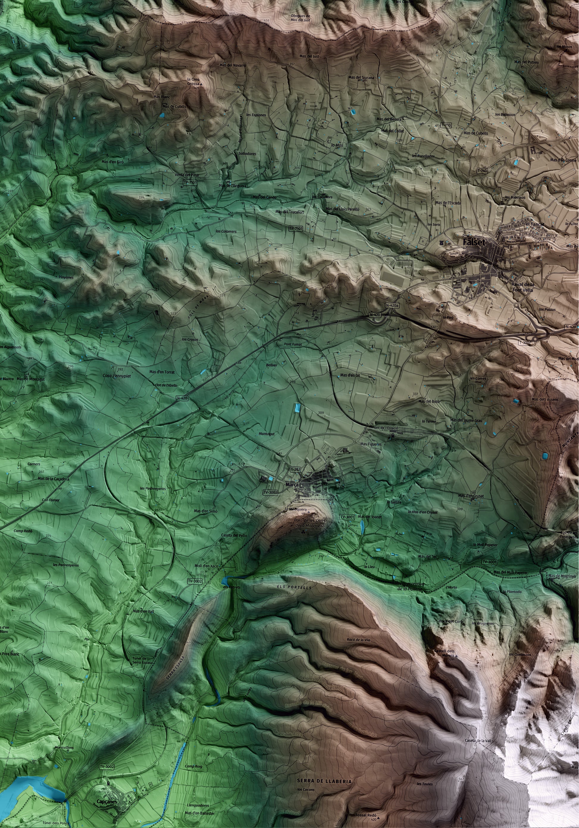 Mapa artístico del relieve de Bellmunt del Priorat, al Priorat, con 15 km de entorno y base topográfica ICGC. Detalle de la zona inferior derecha.