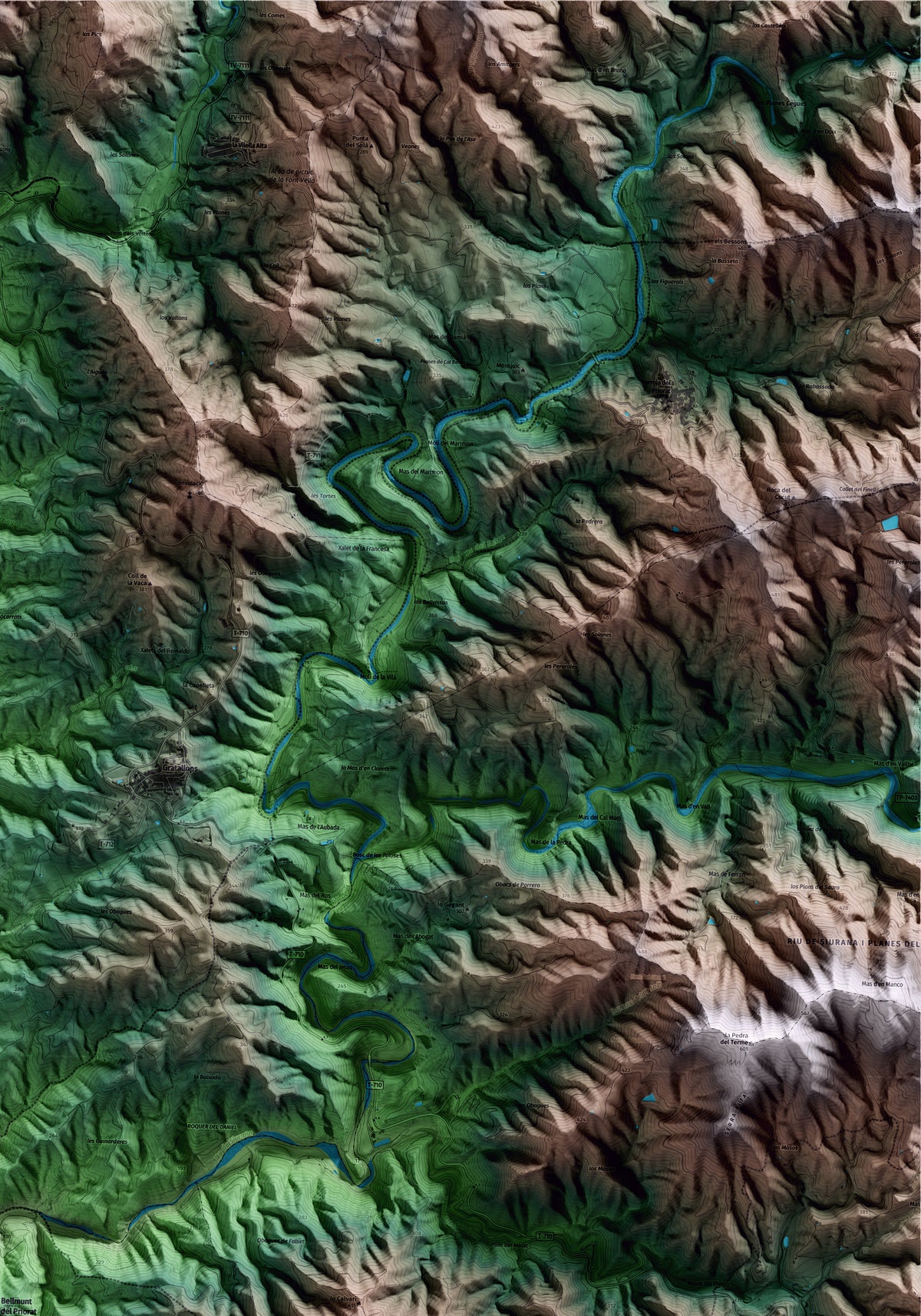 Mapa artístico del relieve de Bellmunt del Priorat, al Priorat, con 15 km de entorno y base topográfica ICGC. Detalle de la zona superior derecha.