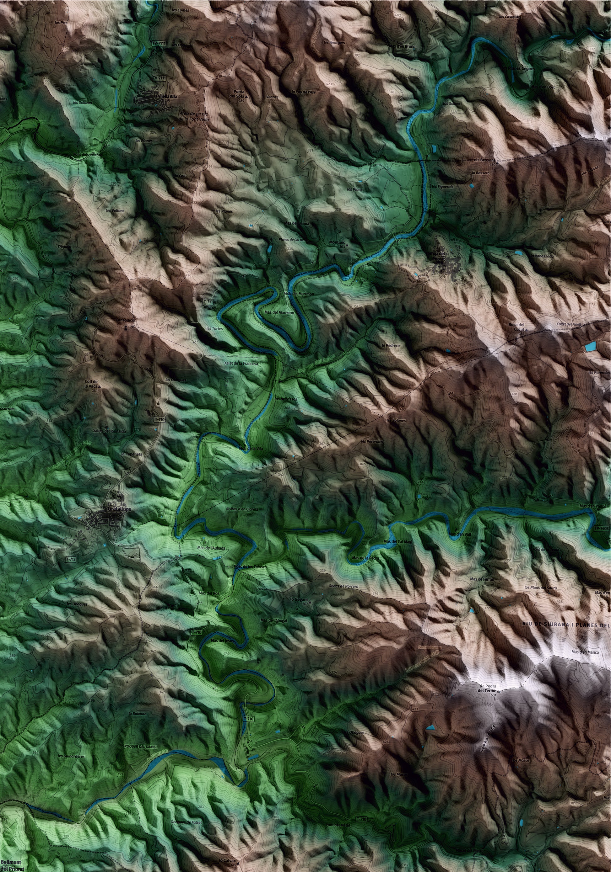 Mapa artístico del relieve de Bellmunt del Priorat, al Priorat, con 15 km de entorno y base topográfica ICGC. Detalle de la zona superior derecha.