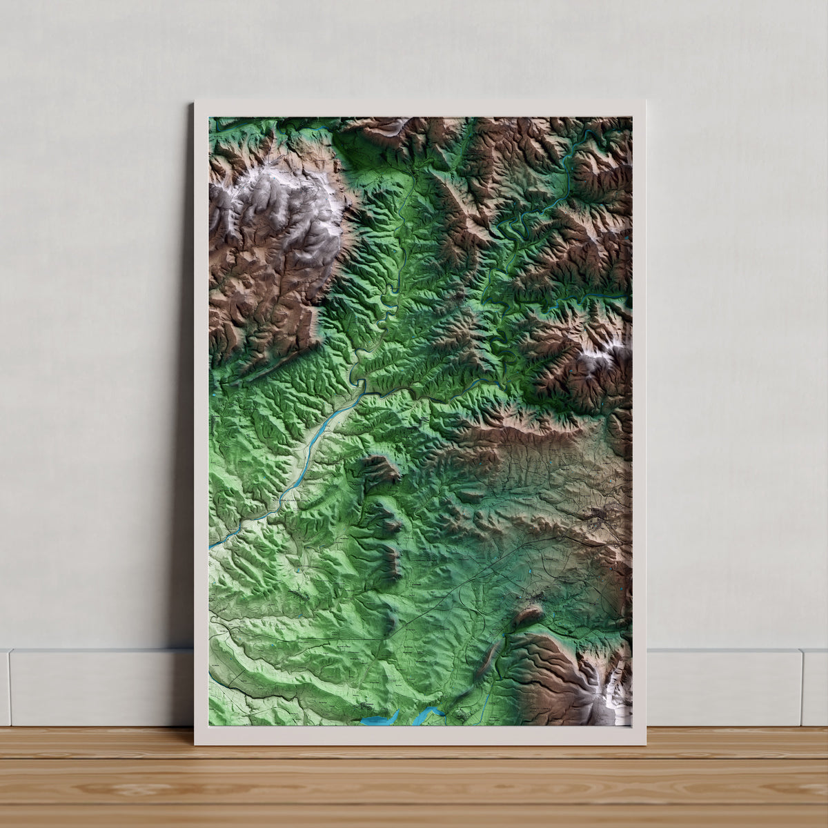 Mapa artístico del relieve de Bellmunt del Priorat, al Priorat, con 15 km de entorno y base topográfica ICGC. Presentación enmarcada.
