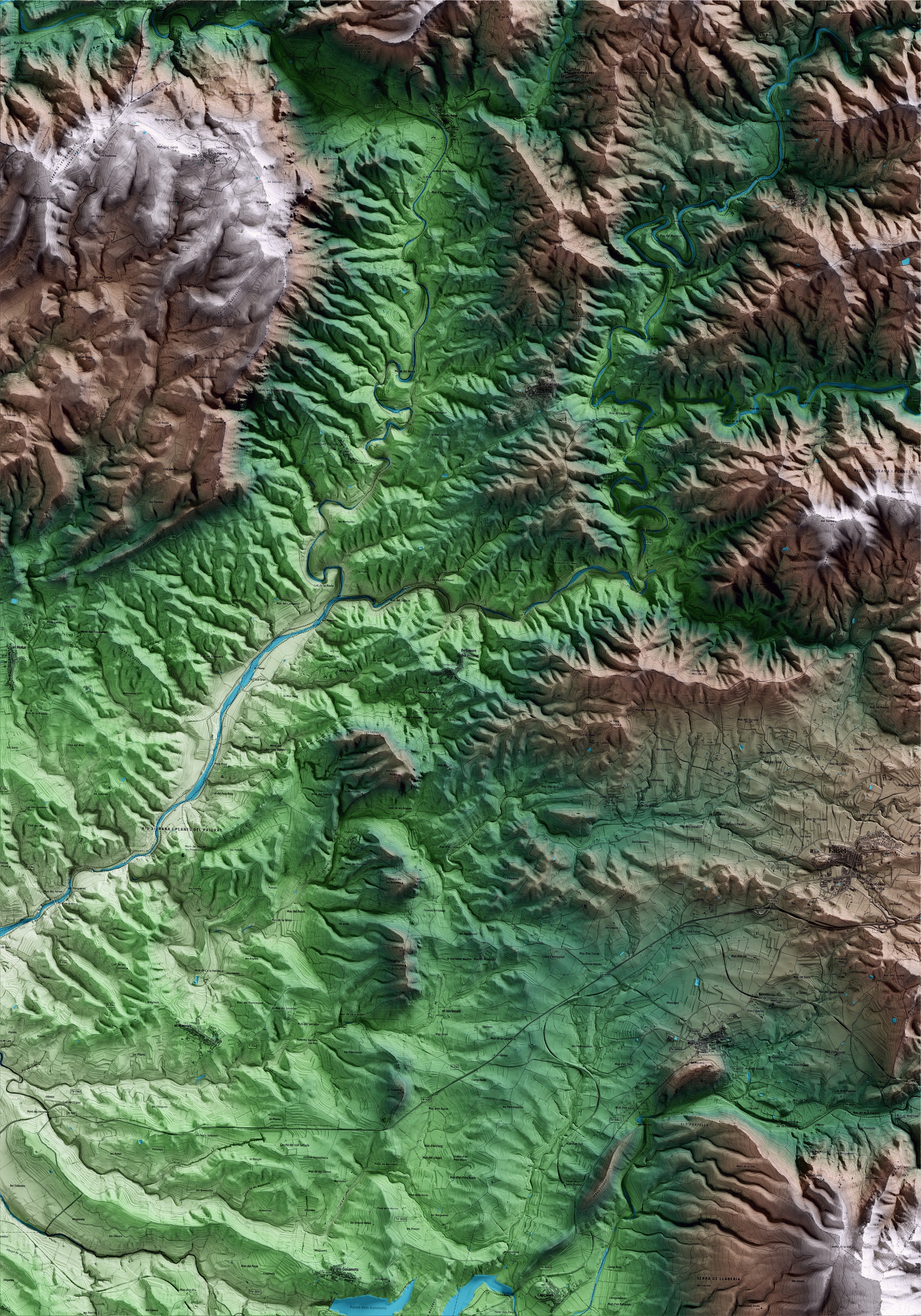 Mapa artístico del relieve de Bellmunt del Priorat, al Priorat, con 15 km de entorno y base topográfica ICGC