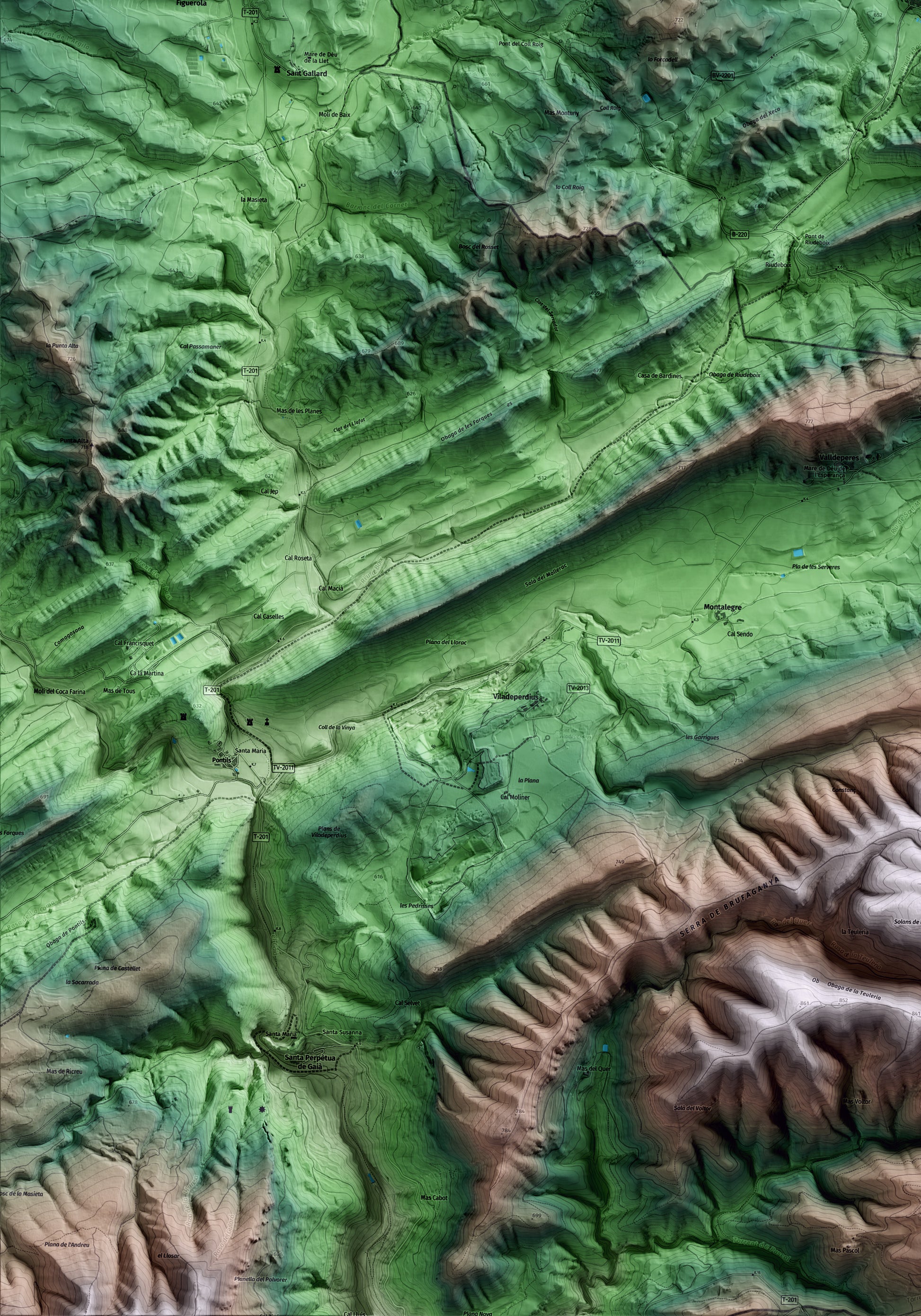 Mapa artístico del relieve de Bellprat, al Anoia, con 15 km de entorno y base topográfica ICGC. Detalle de la zona inferior izquierda.