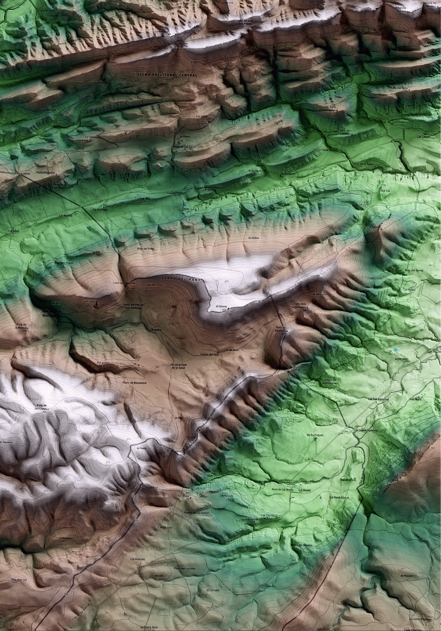 Mapa artístico del relieve de Bellprat, al Anoia, con 15 km de entorno y base topográfica ICGC. Detalle de la zona inferior derecha.
