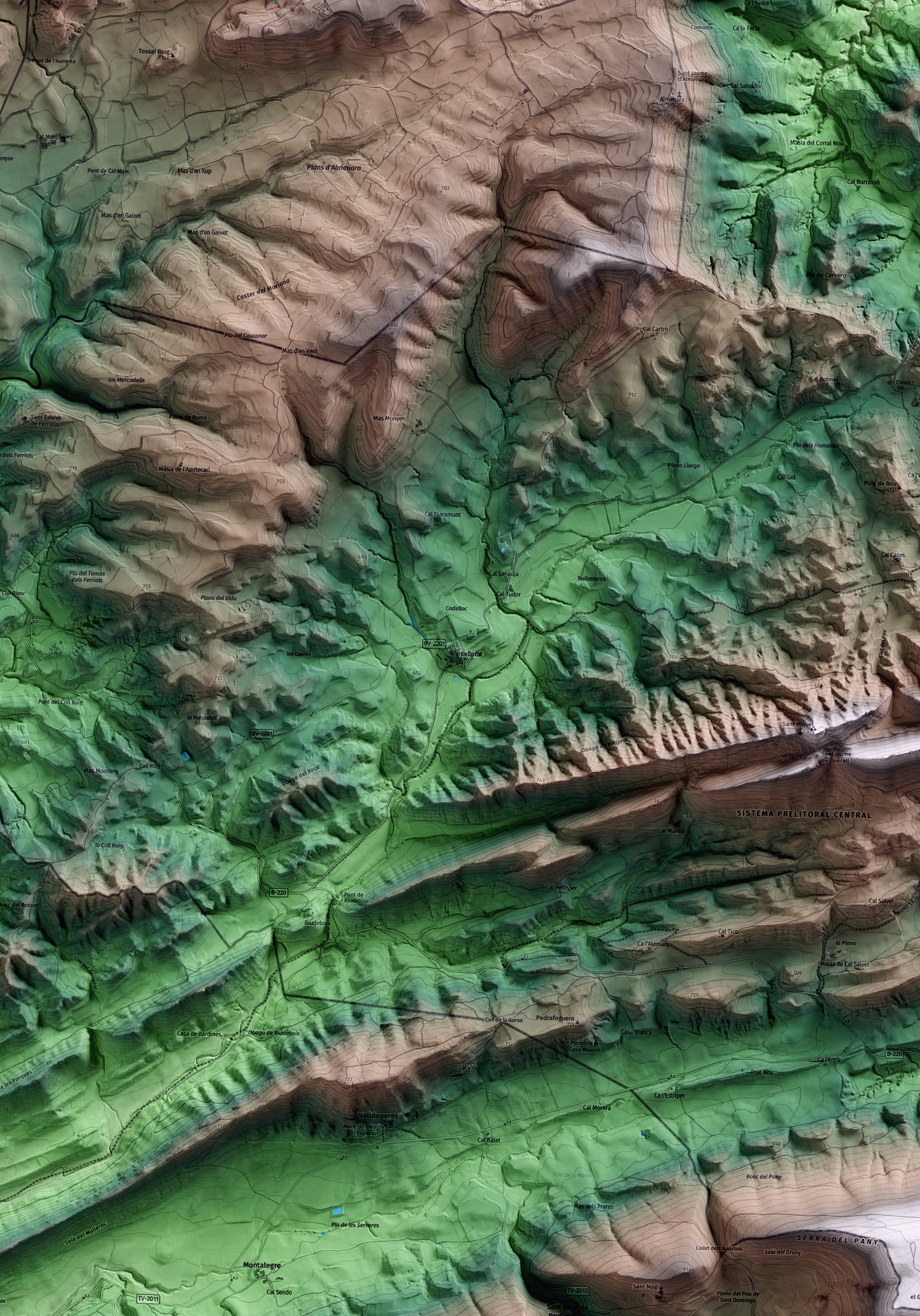 Mapa artístico del relieve de Bellprat, al Anoia, con 15 km de entorno y base topográfica ICGC. Detalle de la zona central.