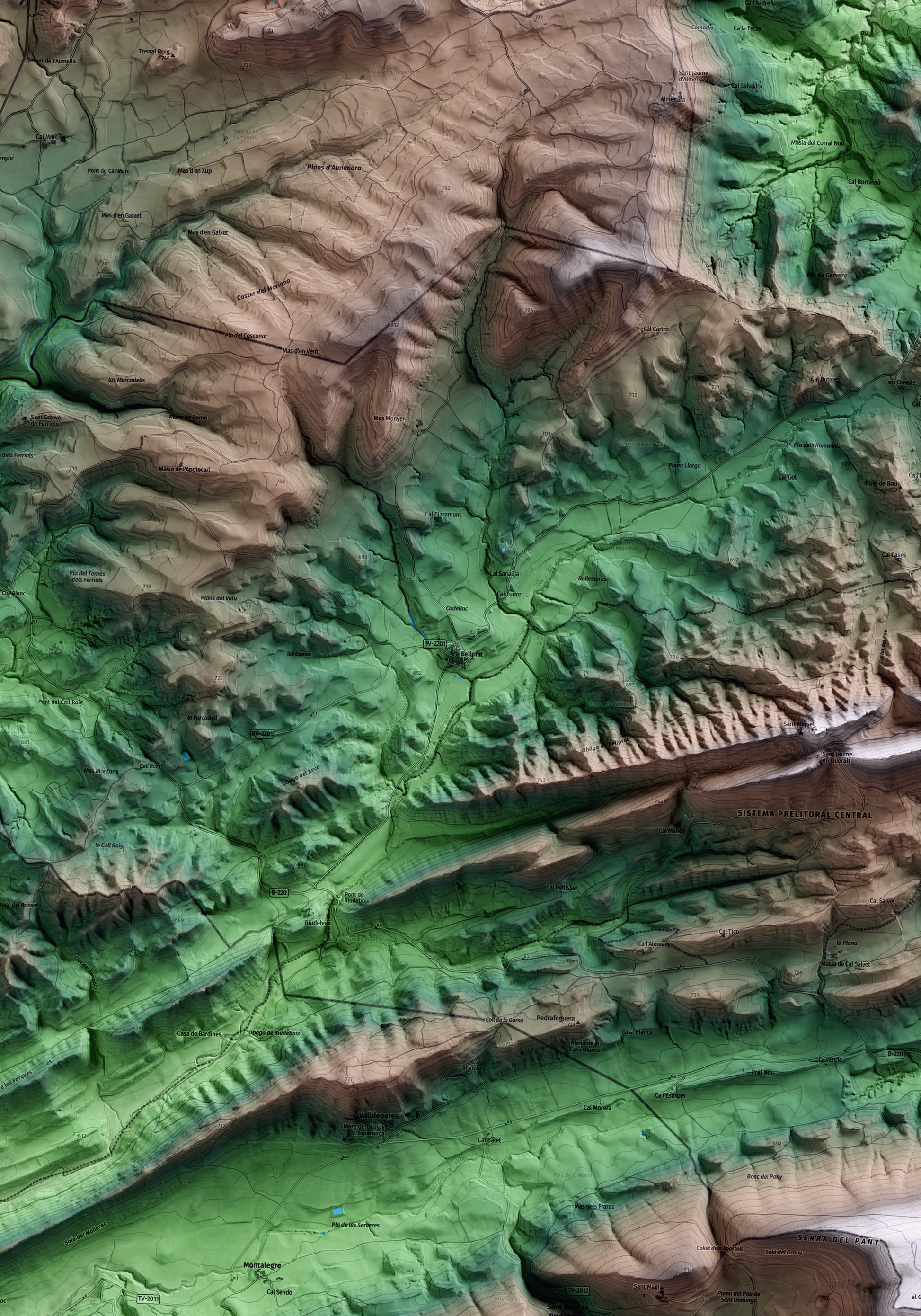 Mapa artístico del relieve de Bellprat, al Anoia, con 15 km de entorno y base topográfica ICGC. Detalle de la zona central.