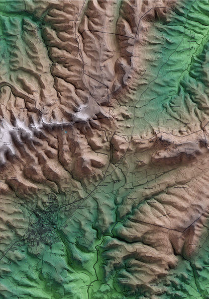 Mapa artístico del relieve de Bellprat, al Anoia, con 15 km de entorno y base topográfica ICGC. Detalle de la zona superior izquierda.