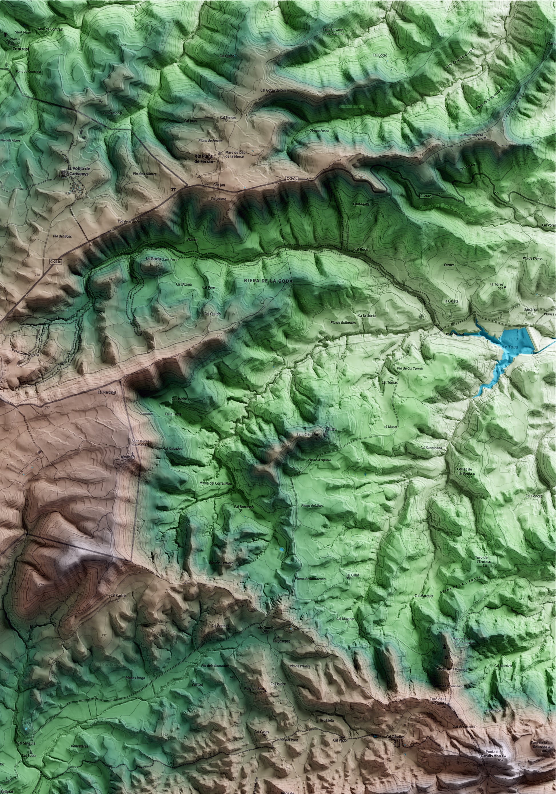 Mapa artístico del relieve de Bellprat, al Anoia, con 15 km de entorno y base topográfica ICGC. Detalle de la zona superior derecha.