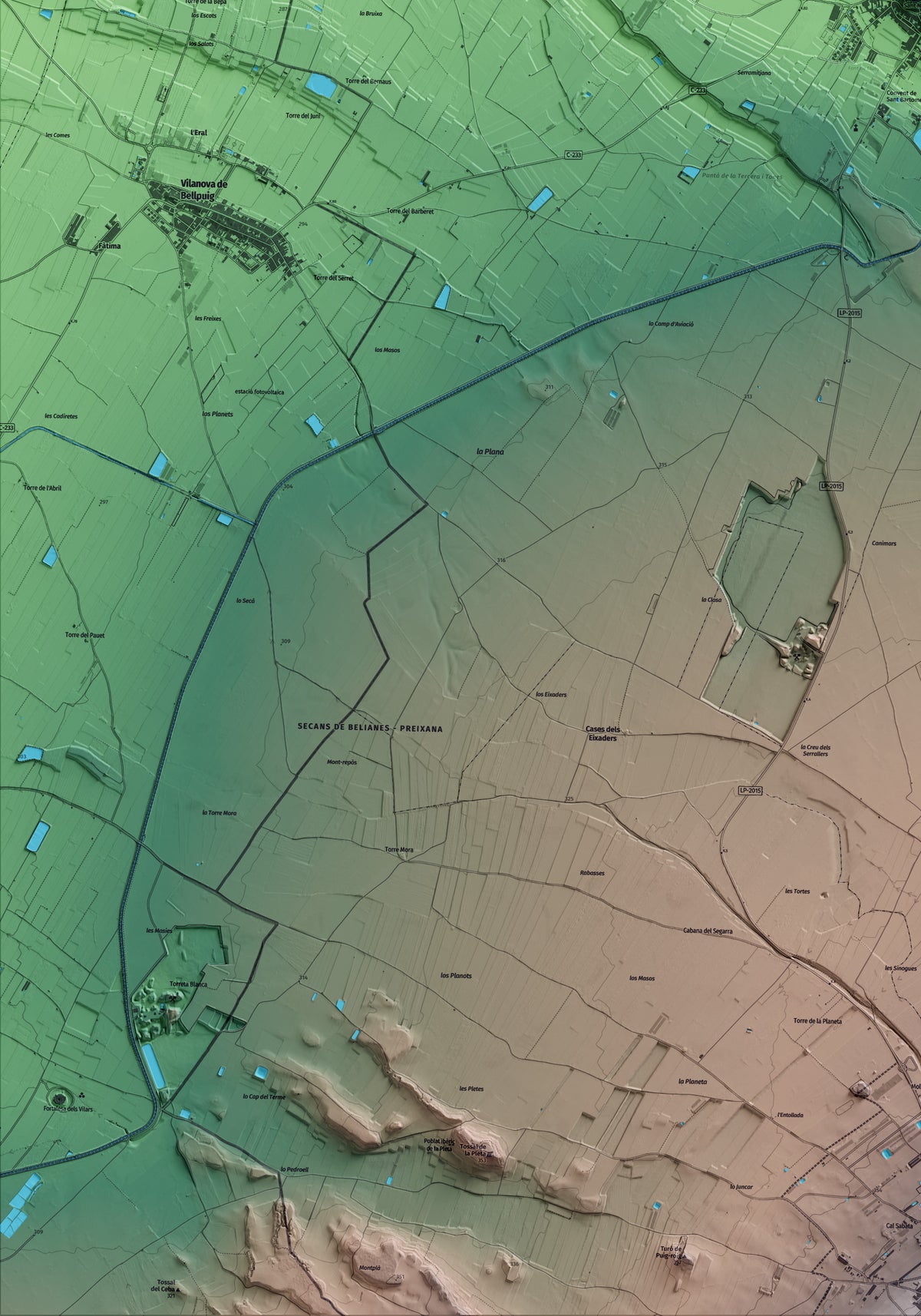 Mapa artístico del relieve de Bellpuig, al Urgell, con 15 km de entorno y base topográfica ICGC. Detalle de la zona inferior izquierda.