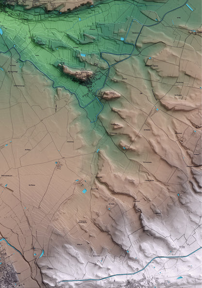 Mapa artístico del relieve de Bellpuig, al Urgell, con 15 km de entorno y base topográfica ICGC. Detalle de la zona inferior derecha.