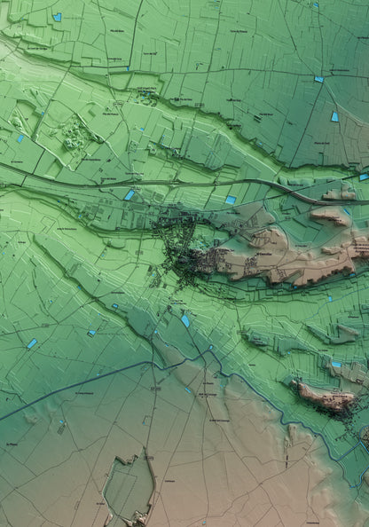 Mapa artístico del relieve de Bellpuig, al Urgell, con 15 km de entorno y base topográfica ICGC. Detalle de la zona central.