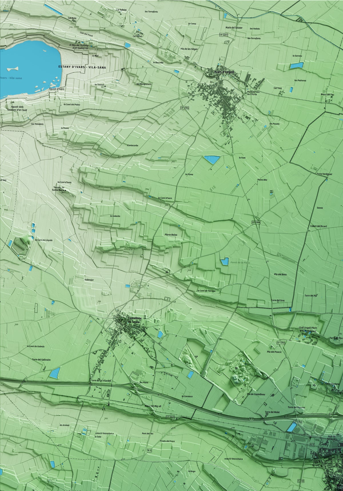 Mapa artístico del relieve de Bellpuig, al Urgell, con 15 km de entorno y base topográfica ICGC. Detalle de la zona superior izquierda.