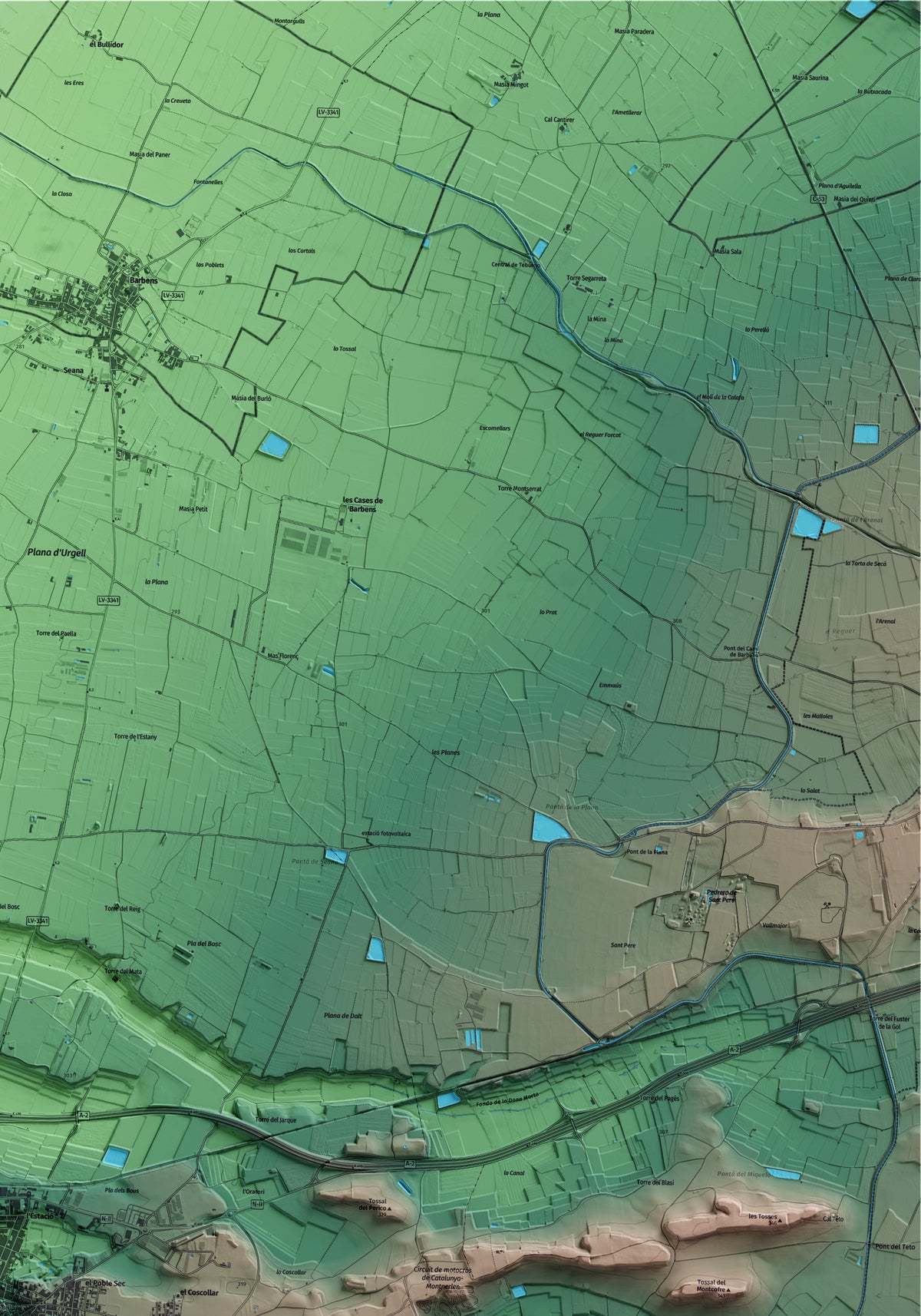 Mapa artístico del relieve de Bellpuig, al Urgell, con 15 km de entorno y base topográfica ICGC. Detalle de la zona superior derecha.