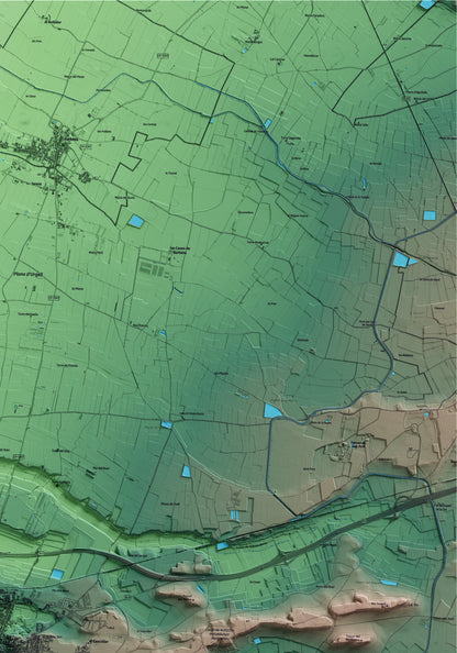 Mapa artístico del relieve de Bellpuig, al Urgell, con 15 km de entorno y base topográfica ICGC. Detalle de la zona superior derecha.