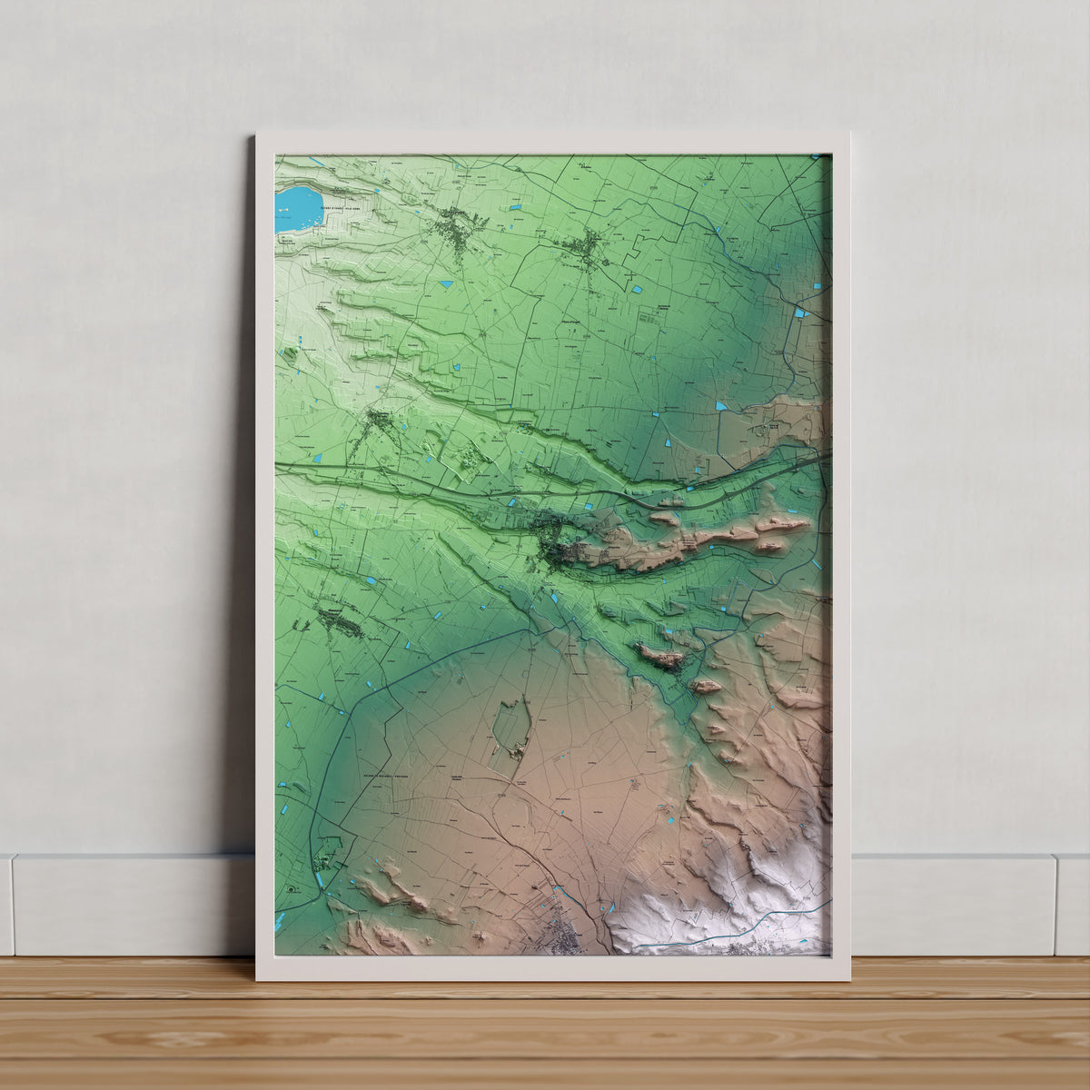 Mapa artístico del relieve de Bellpuig, al Urgell, con 15 km de entorno y base topográfica ICGC. Presentación enmarcada.
