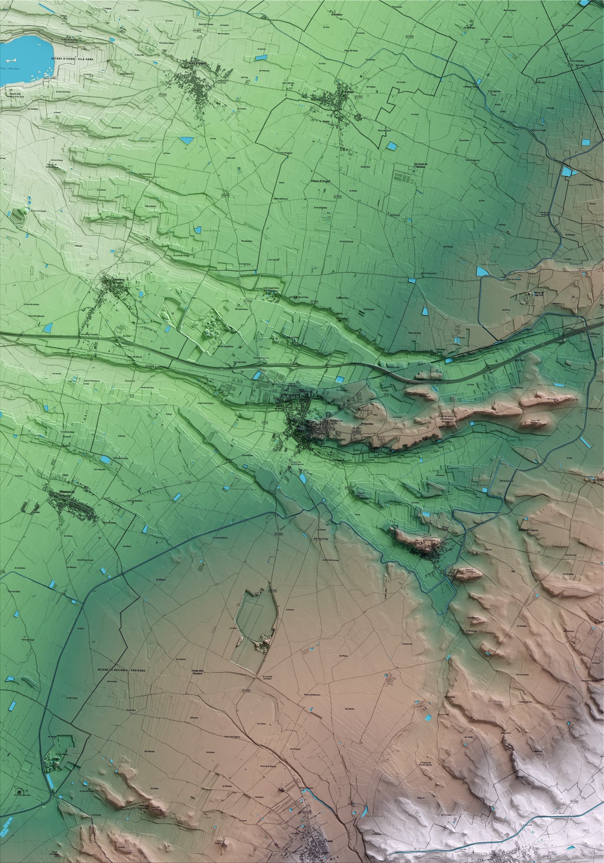 Mapa artístico del relieve de Bellpuig, al Urgell, con 15 km de entorno y base topográfica ICGC