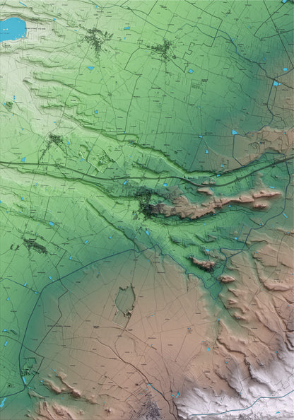 Mapa artístico del relieve de Bellpuig, al Urgell, con 15 km de entorno y base topográfica ICGC