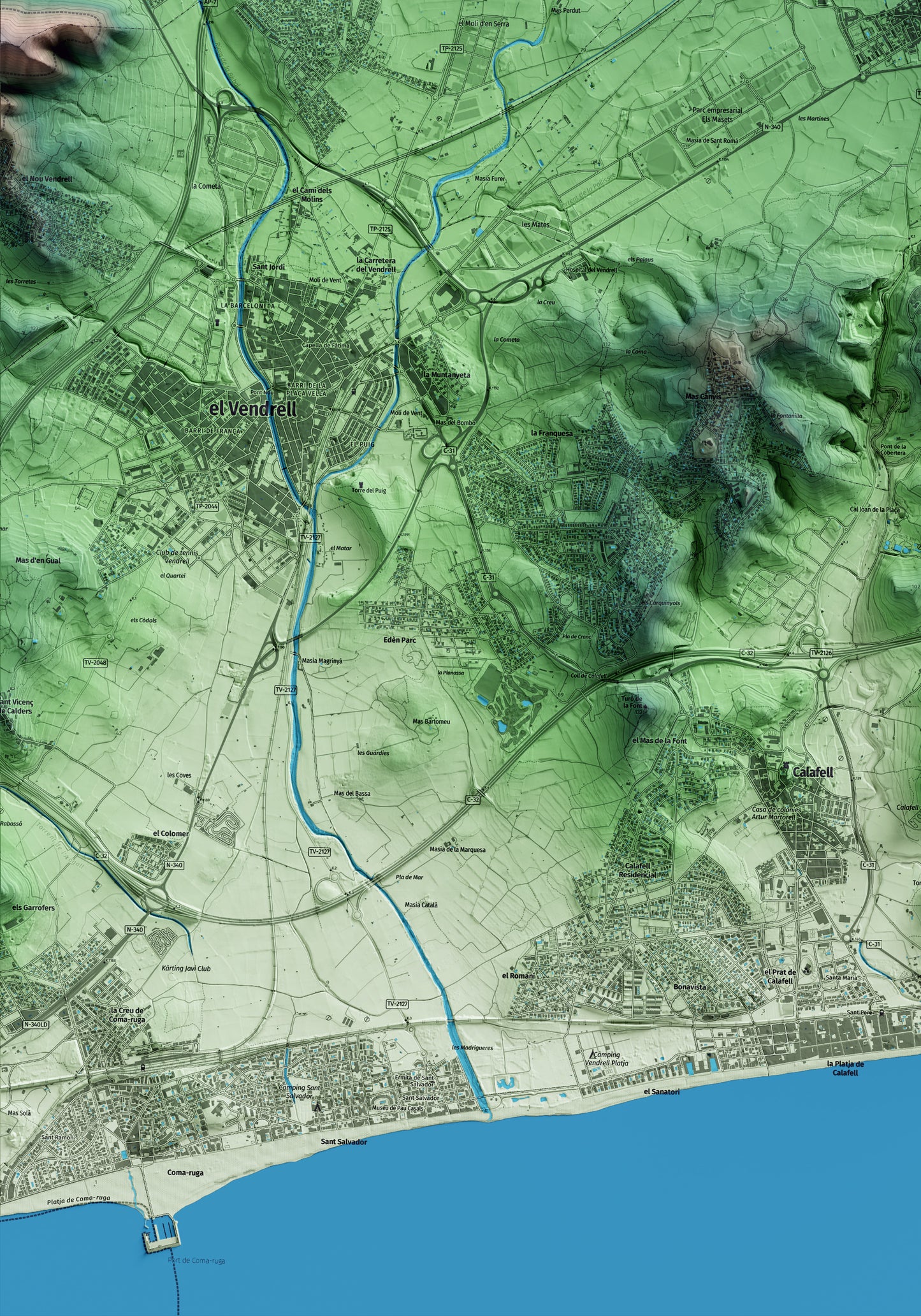 Mapa artístico del relieve de Bellvei, al Baix Penedès, con 15 km de entorno y base topográfica ICGC. Detalle de la zona inferior izquierda.
