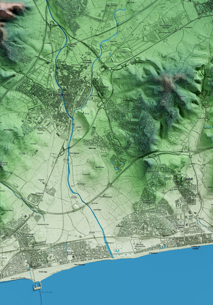 Mapa artístico del relieve de Bellvei, al Baix Penedès, con 15 km de entorno y base topográfica ICGC. Detalle de la zona inferior izquierda.