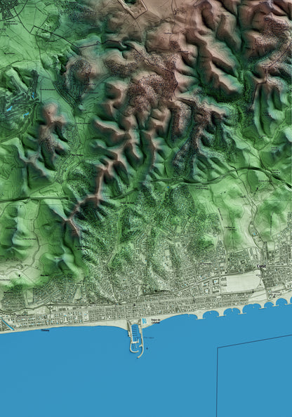 Mapa artístico del relieve de Bellvei, al Baix Penedès, con 15 km de entorno y base topográfica ICGC. Detalle de la zona inferior derecha.