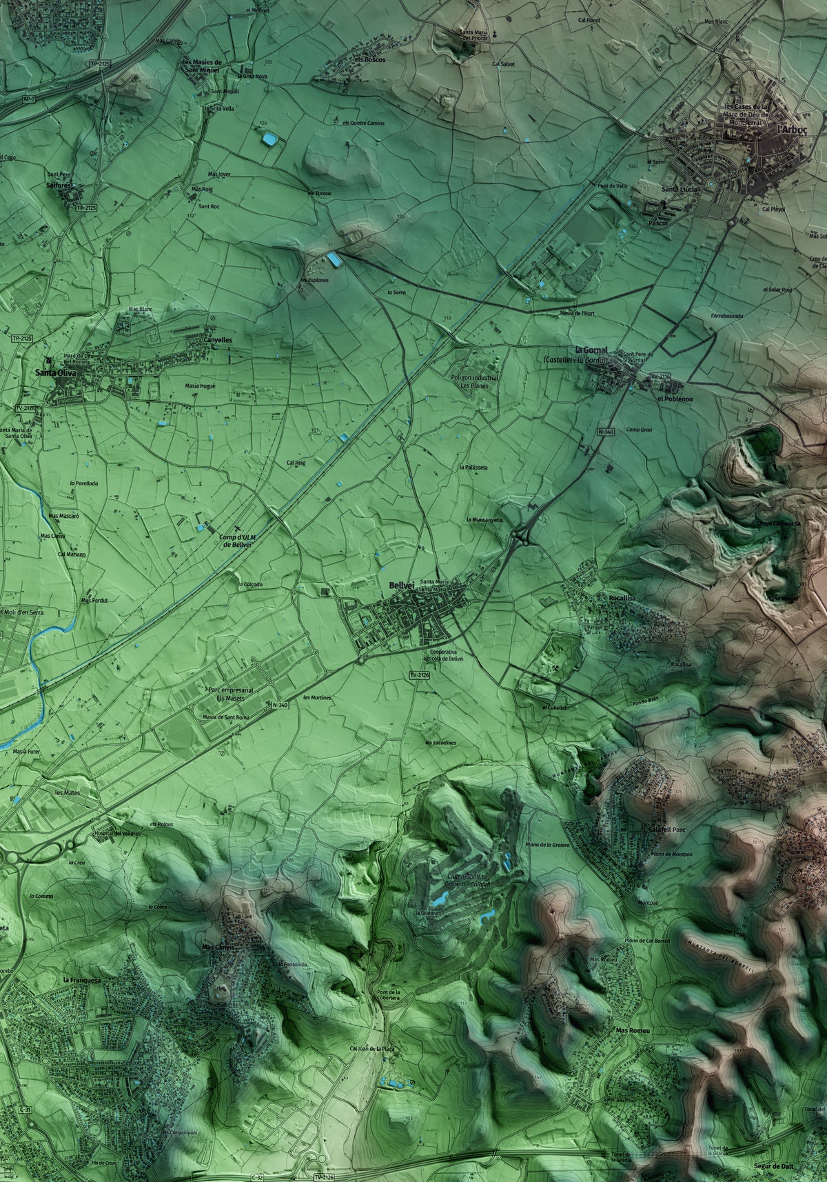 Mapa artístico del relieve de Bellvei, al Baix Penedès, con 15 km de entorno y base topográfica ICGC. Detalle de la zona central.