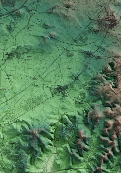Mapa artístico del relieve de Bellvei, al Baix Penedès, con 15 km de entorno y base topográfica ICGC. Detalle de la zona central.