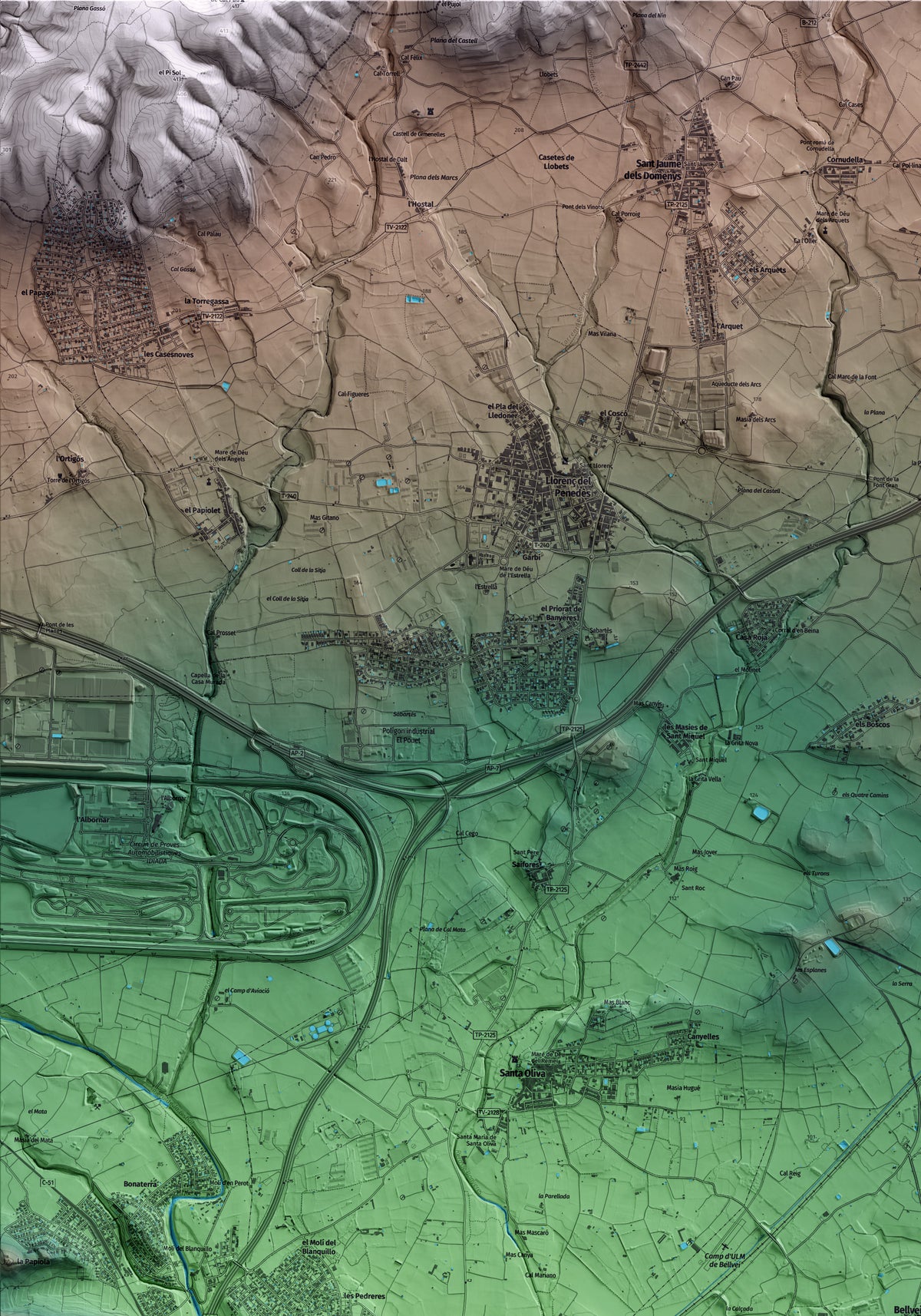 Mapa artístico del relieve de Bellvei, al Baix Penedès, con 15 km de entorno y base topográfica ICGC. Detalle de la zona superior izquierda.