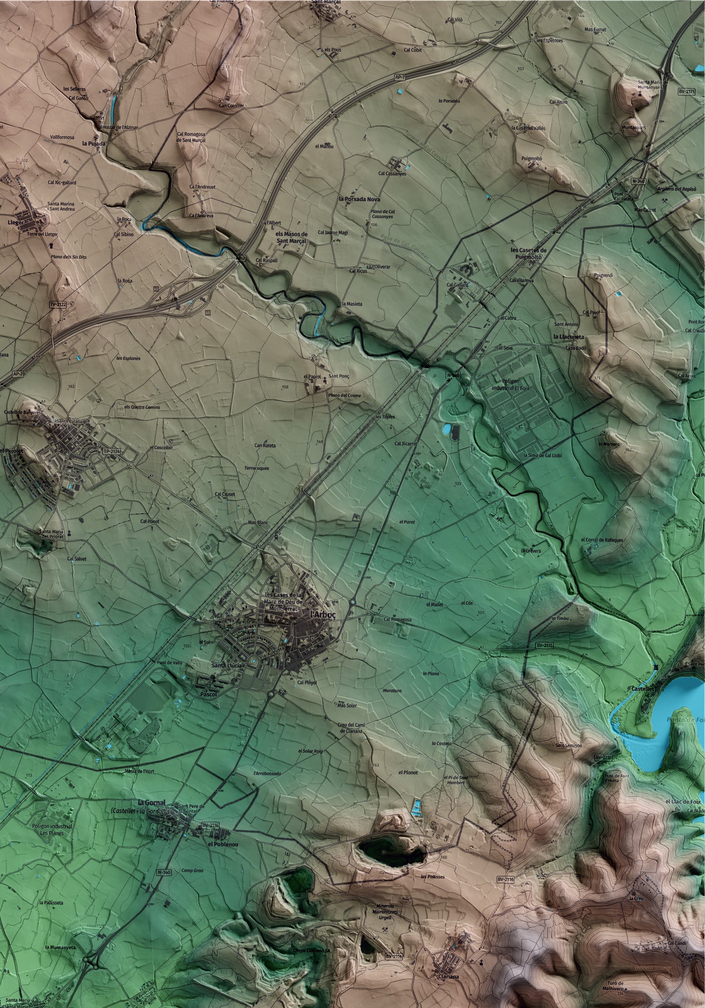 Mapa artístico del relieve de Bellvei, al Baix Penedès, con 15 km de entorno y base topográfica ICGC. Detalle de la zona superior derecha.