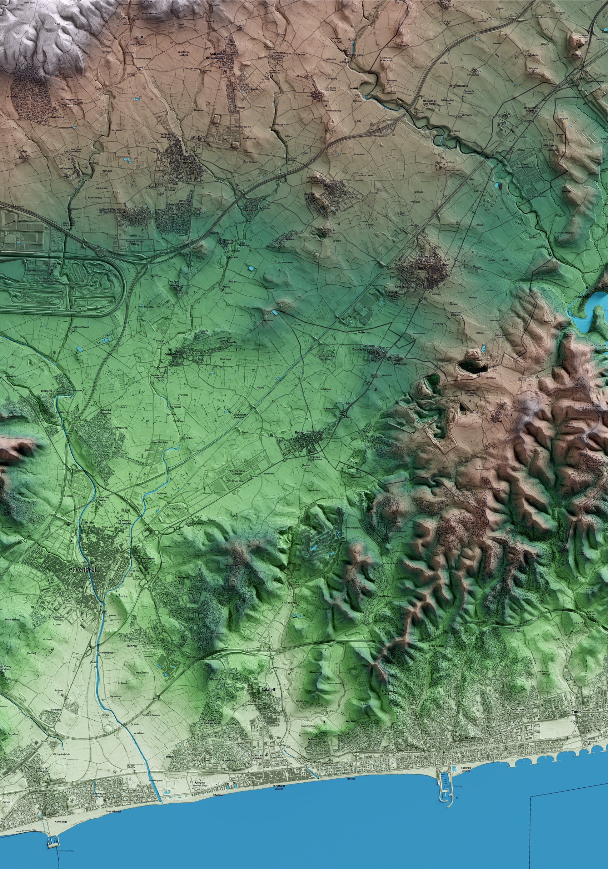 Mapa artístico del relieve de Bellvei, al Baix Penedès, con 15 km de entorno y base topográfica ICGC