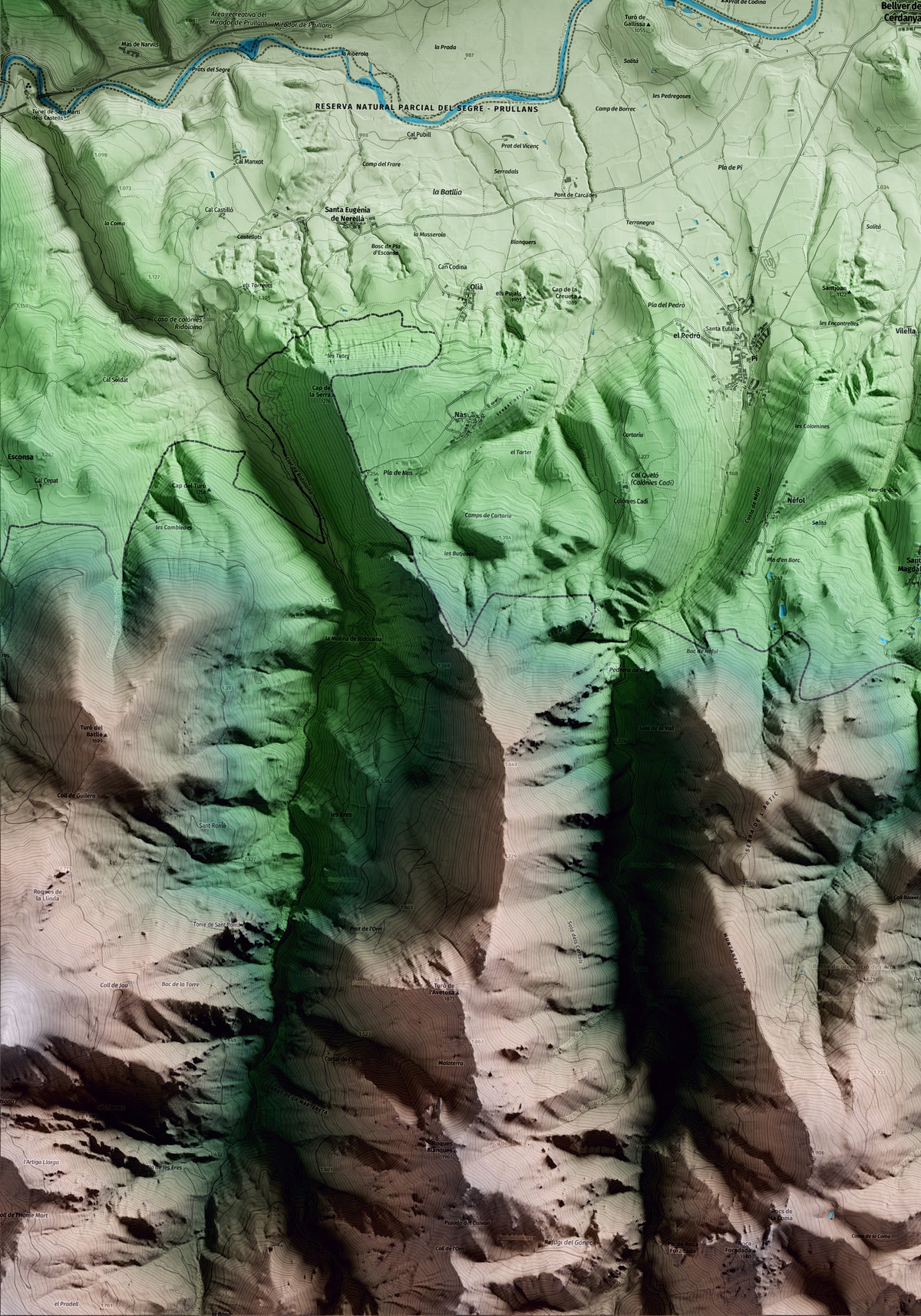 Mapa artístico del relieve de Bellver de Cerdanya, a la Cerdanya, con 15 km de entorno y base topográfica ICGC. Detalle de la zona inferior izquierda.