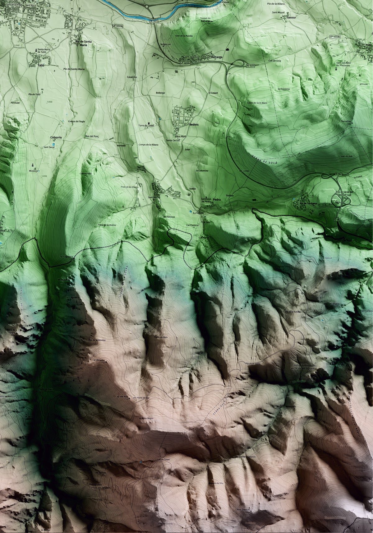 Mapa artístico del relieve de Bellver de Cerdanya, a la Cerdanya, con 15 km de entorno y base topográfica ICGC. Detalle de la zona inferior derecha.