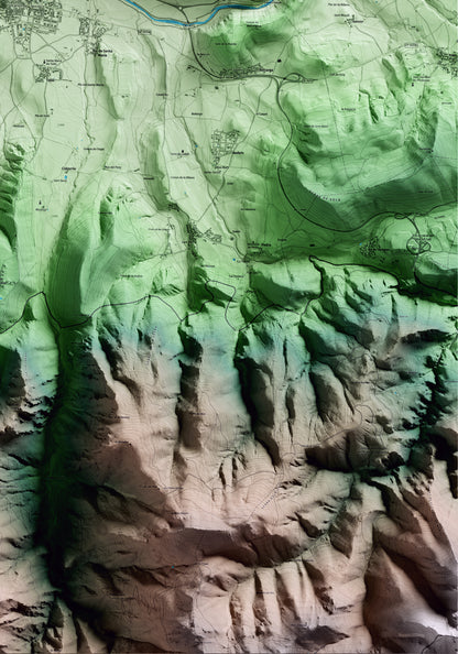 Mapa artístico del relieve de Bellver de Cerdanya, a la Cerdanya, con 15 km de entorno y base topográfica ICGC. Detalle de la zona inferior derecha.