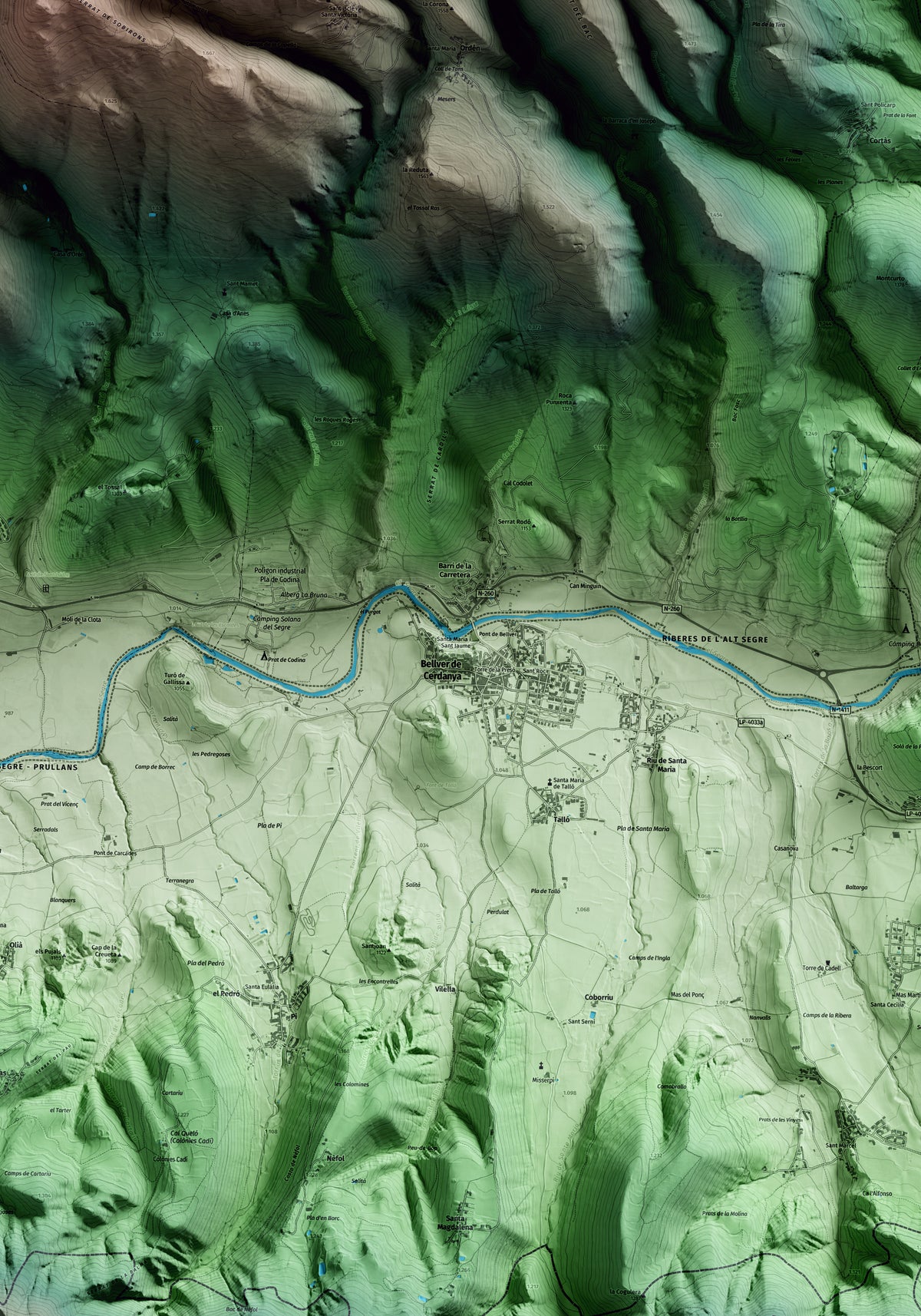 Mapa artístico del relieve de Bellver de Cerdanya, a la Cerdanya, con 15 km de entorno y base topográfica ICGC. Detalle de la zona central.