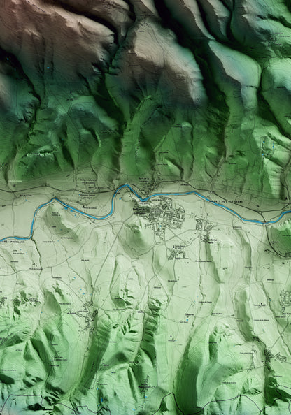 Mapa artístico del relieve de Bellver de Cerdanya, a la Cerdanya, con 15 km de entorno y base topográfica ICGC. Detalle de la zona central.